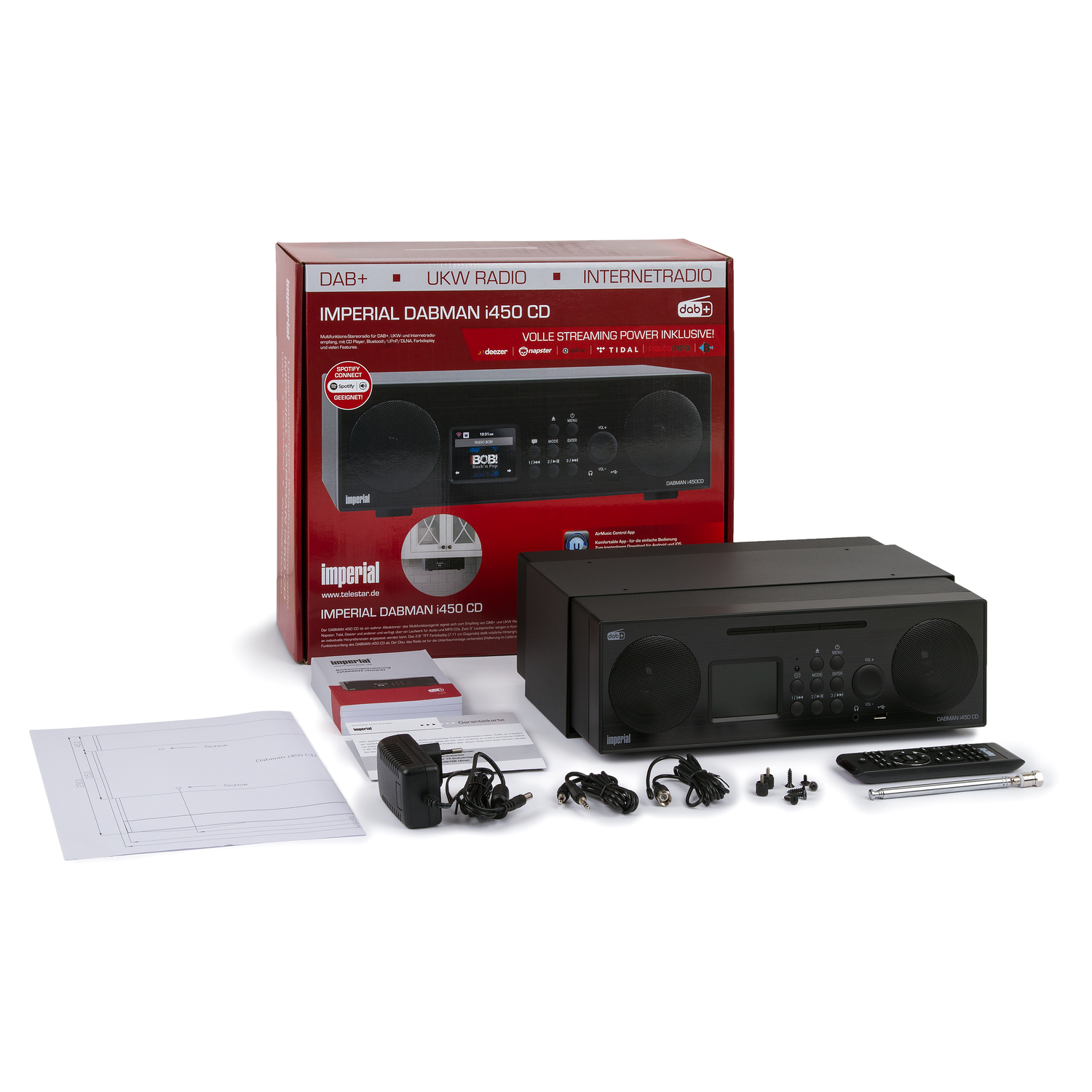 A black Imperial DABMAN i450 CD radio with accessories, a box showing the radio, and some instruction papers.