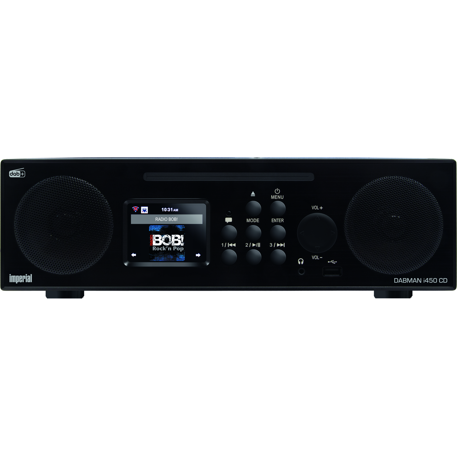 Black DABMAN i450 CD radio. It has two speakers and a screen displaying 'RADIO BOB! Rock n Pop'. Buttons for menu and volume are visible.