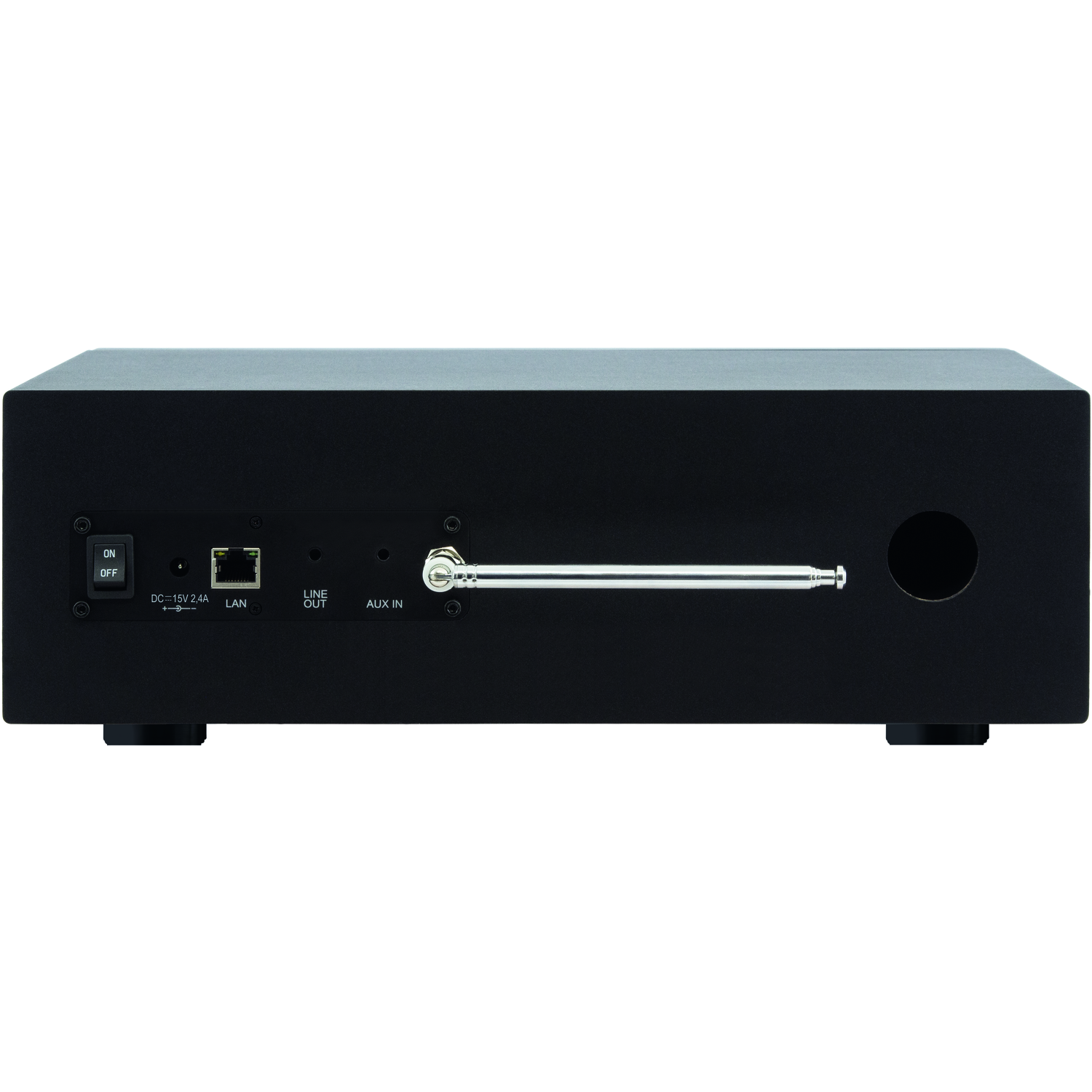 Black audio device with antenna and ports. Has power button, LAN port, and AUX in. The device sits on two small feet.