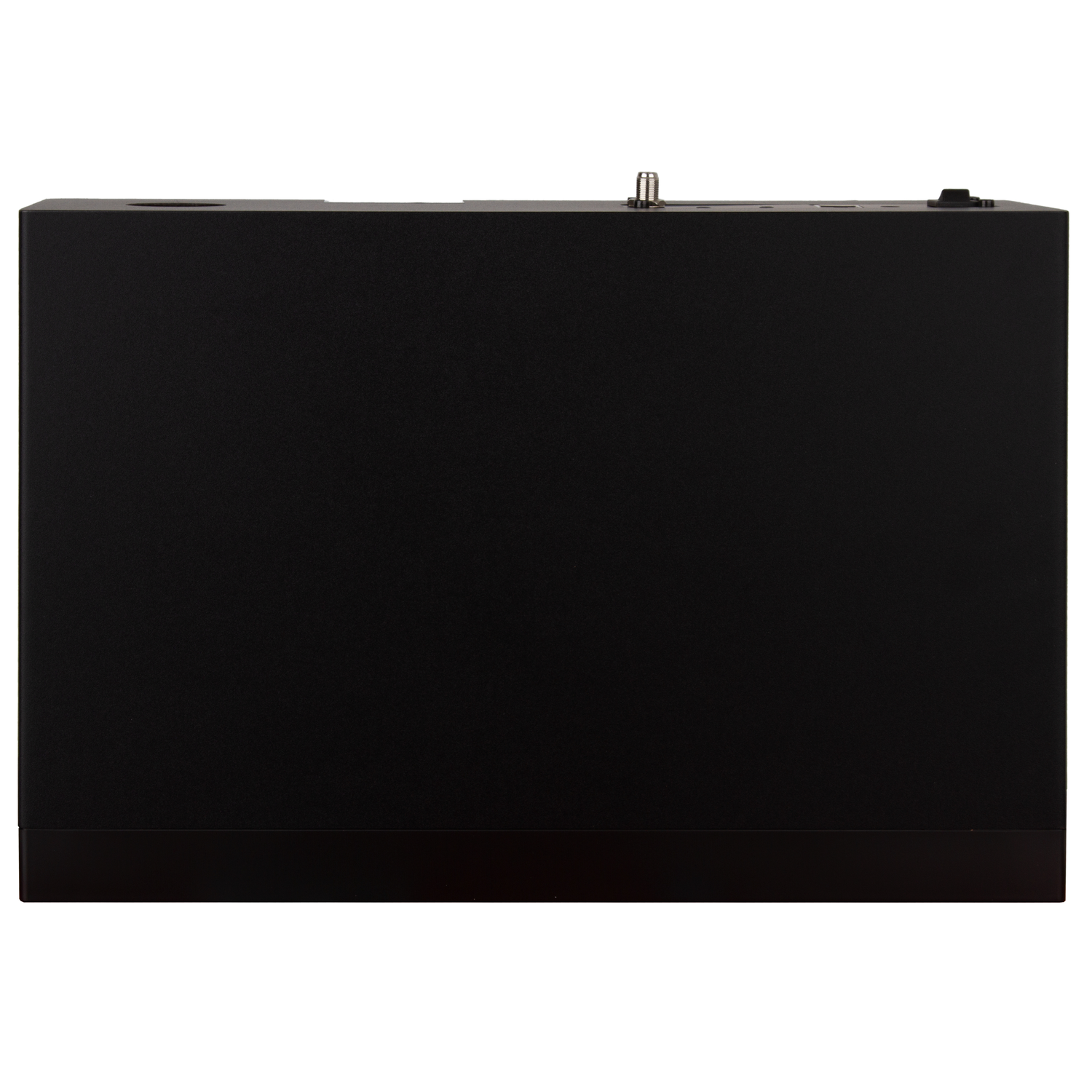 A black rectangular device with ports and a button on top. It is on a white background. The bottom part is a bit darker.