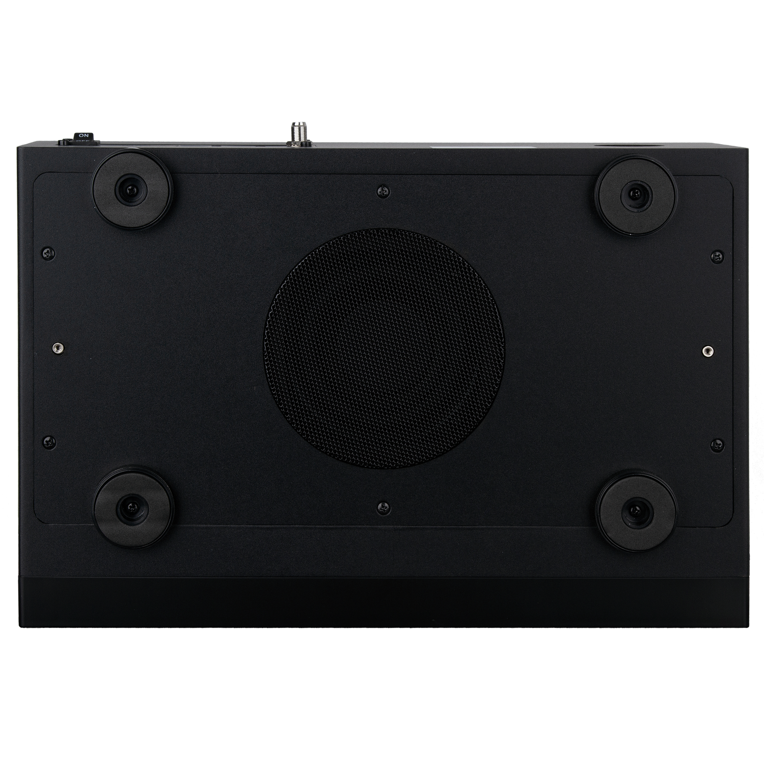 Black audio device bottom view. Features include feet, a speaker grill, and connectors. Power switch and other controls visible.