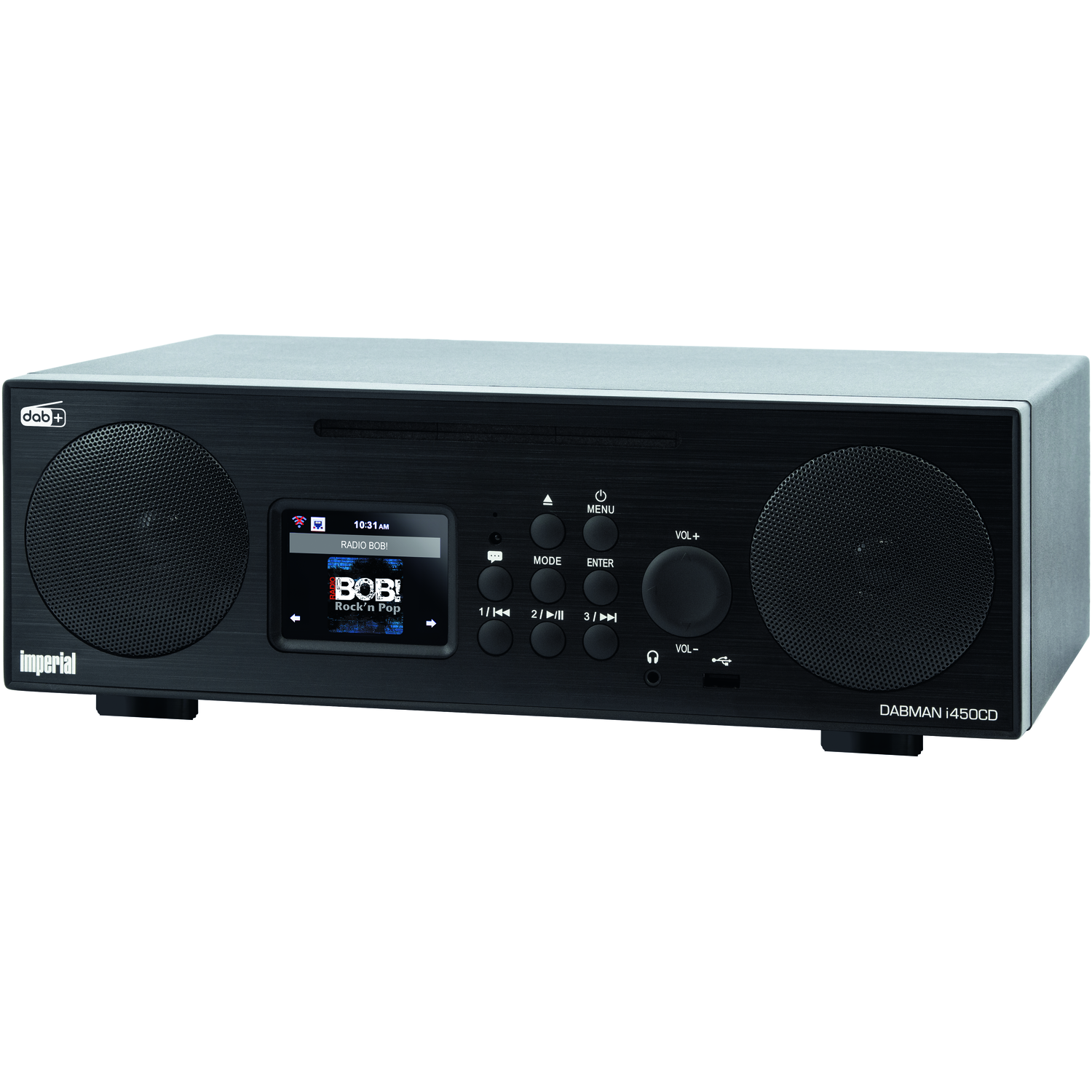 A black DABMAN i450CD radio. It has a screen displaying 'RADIO BOB!'. The radio includes speakers, buttons, and a volume knob.