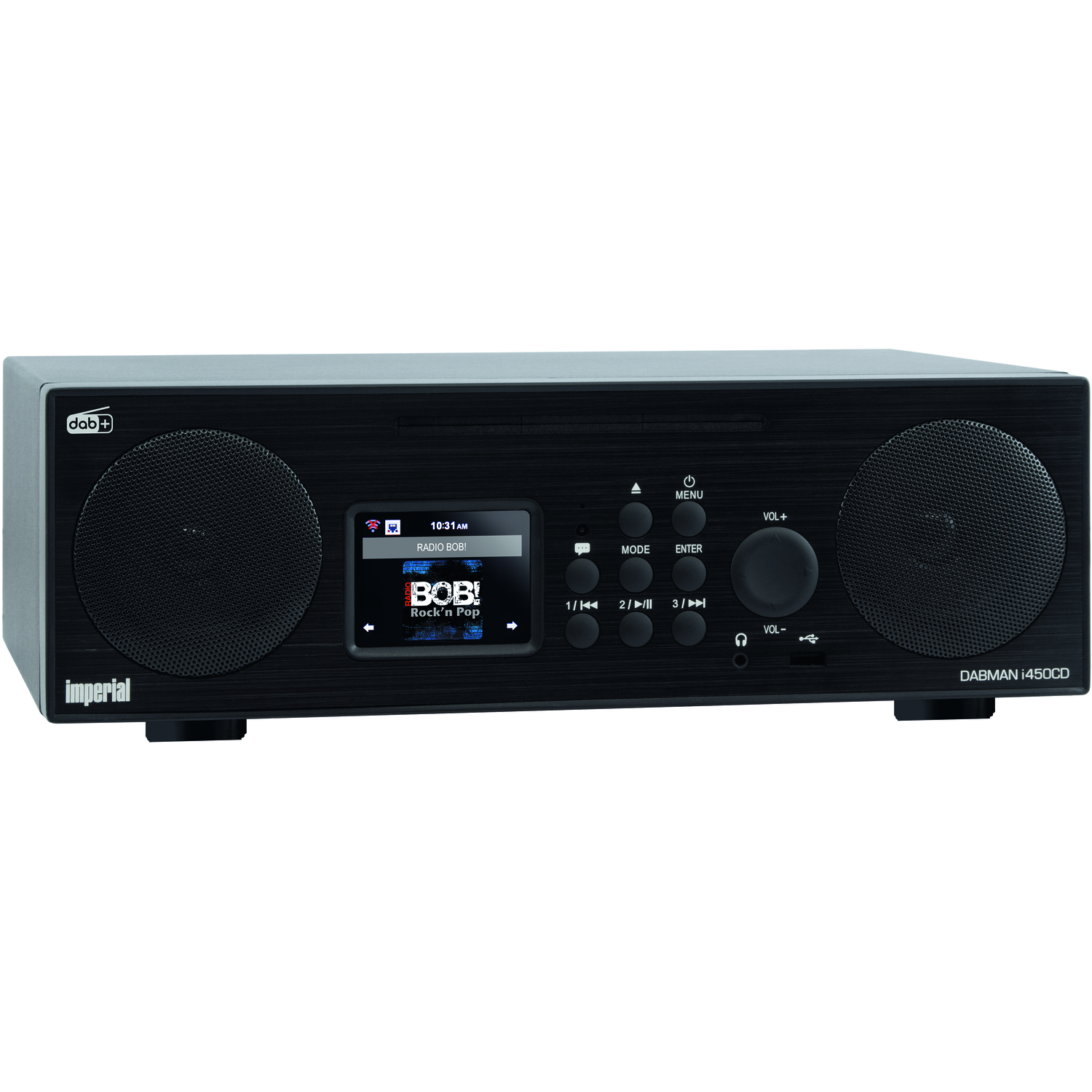 Black DAB radio with two speakers, a display showing radio station, and control buttons. The brand is Imperial.