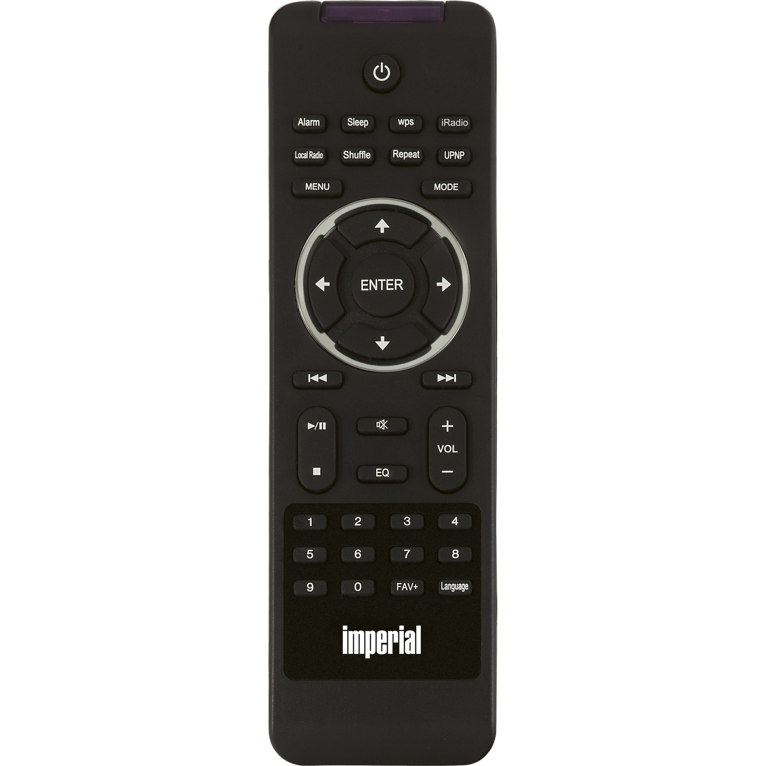 A black remote control with many buttons, including power, volume, and numbers. The brand 'imperial' is at the bottom.