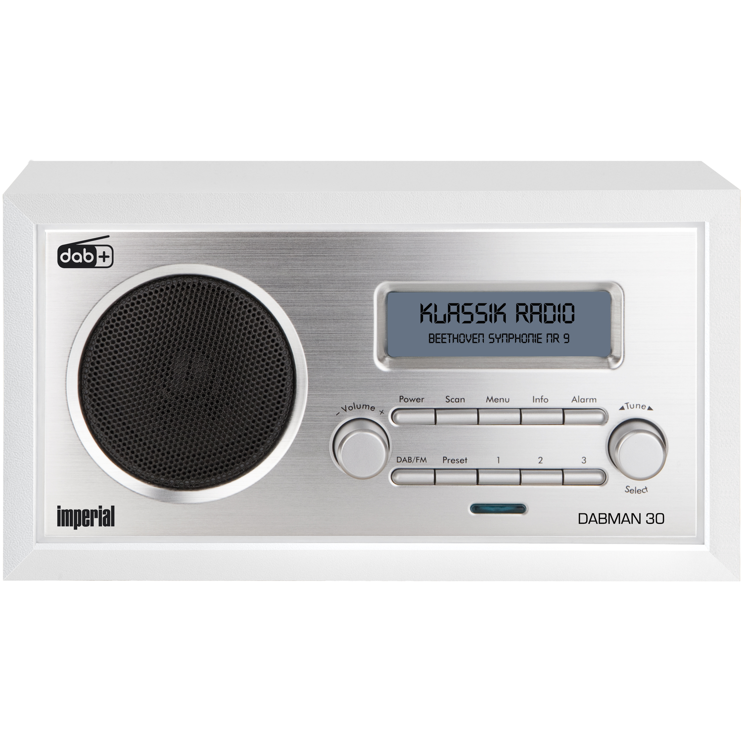 A white DAB radio with a speaker, display showing "KLASSIK RADIO", and buttons. The brand is "Imperial" and the model is "DABMAN 30".