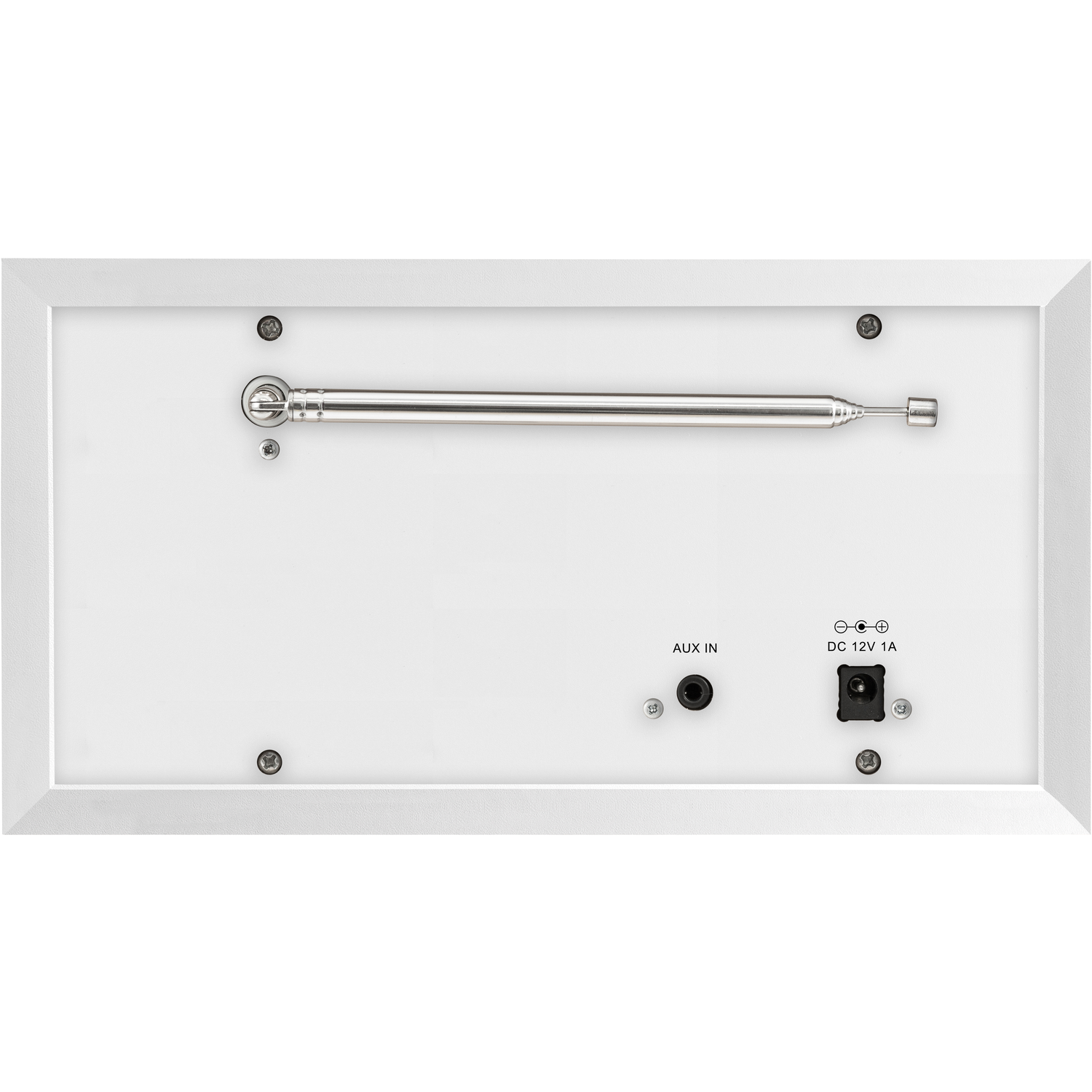 White radio back with antenna, aux in, and DC 12V 1A port. Silver antenna and screws. White frame.