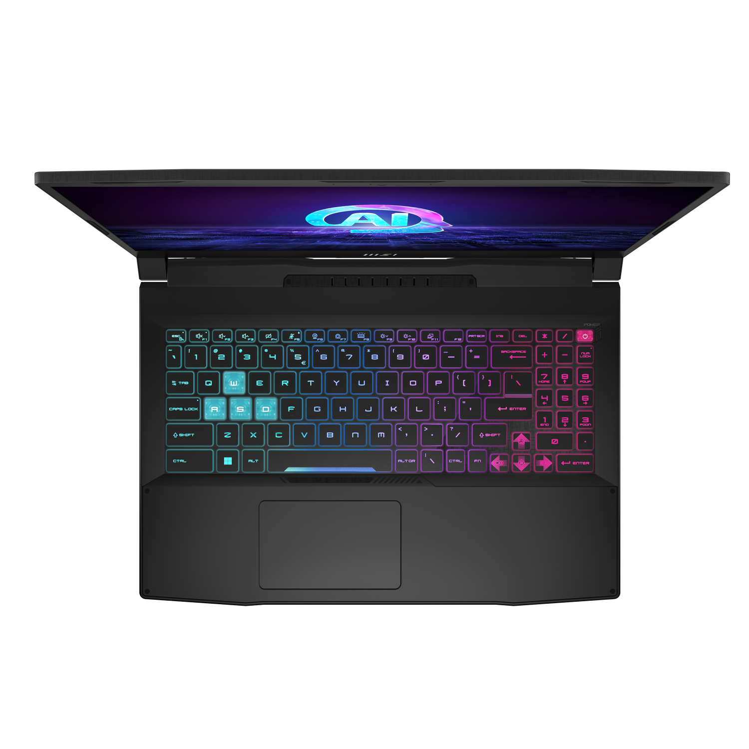 Vista superior de un portátil MSI, teclado con iluminación RGB, pantalla colorida, carcasa negra.