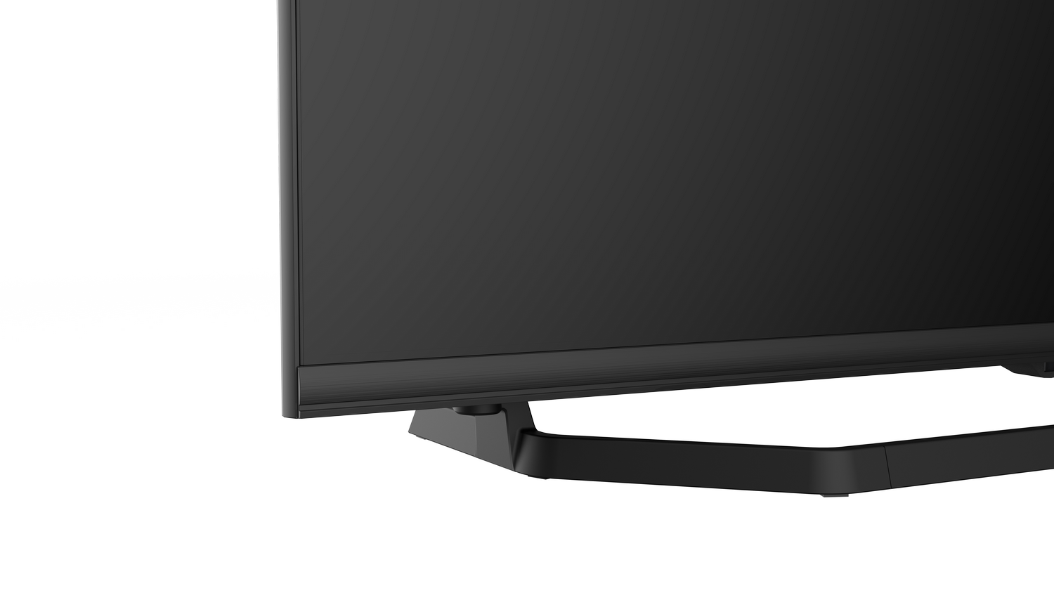 Televisor negro con soporte negro. La pantalla está en blanco. Fondo blanco.