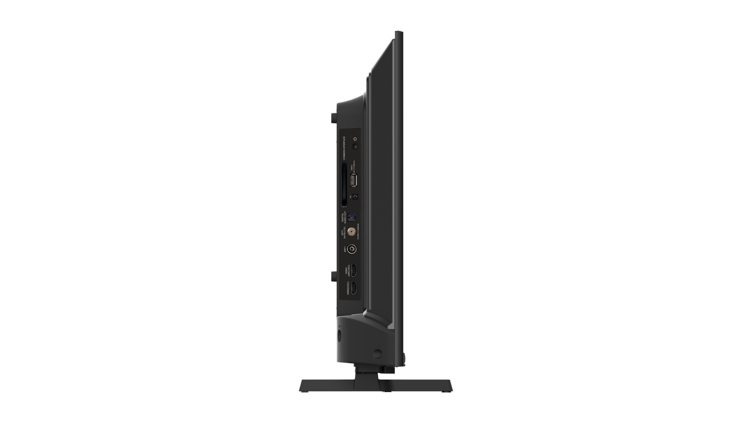 Vista lateral de un televisor negro con varios puertos y un soporte.