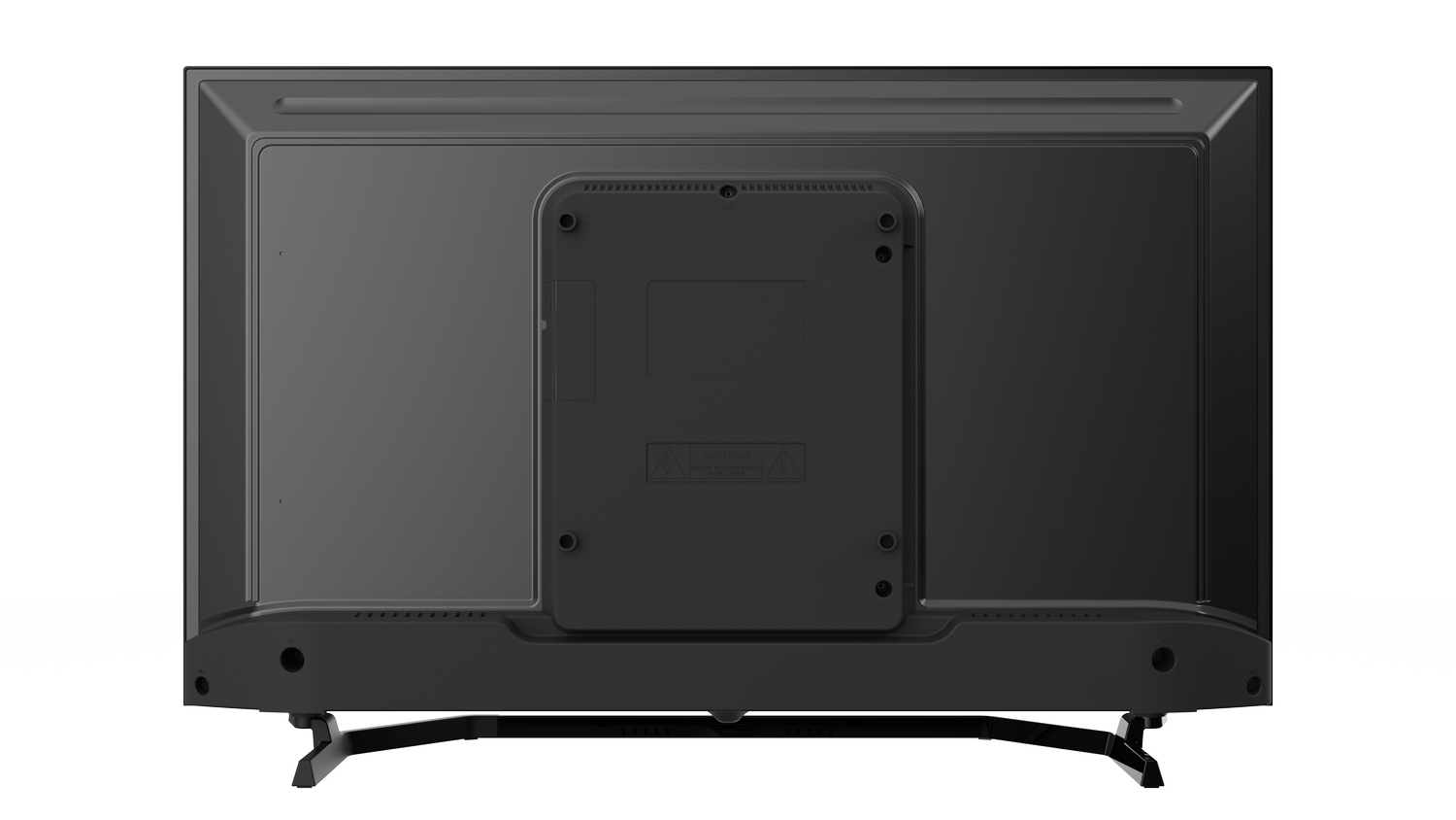 Parte trasera de TV de pantalla plana negra. Puertos y zona de montaje. Soporte negro abajo.