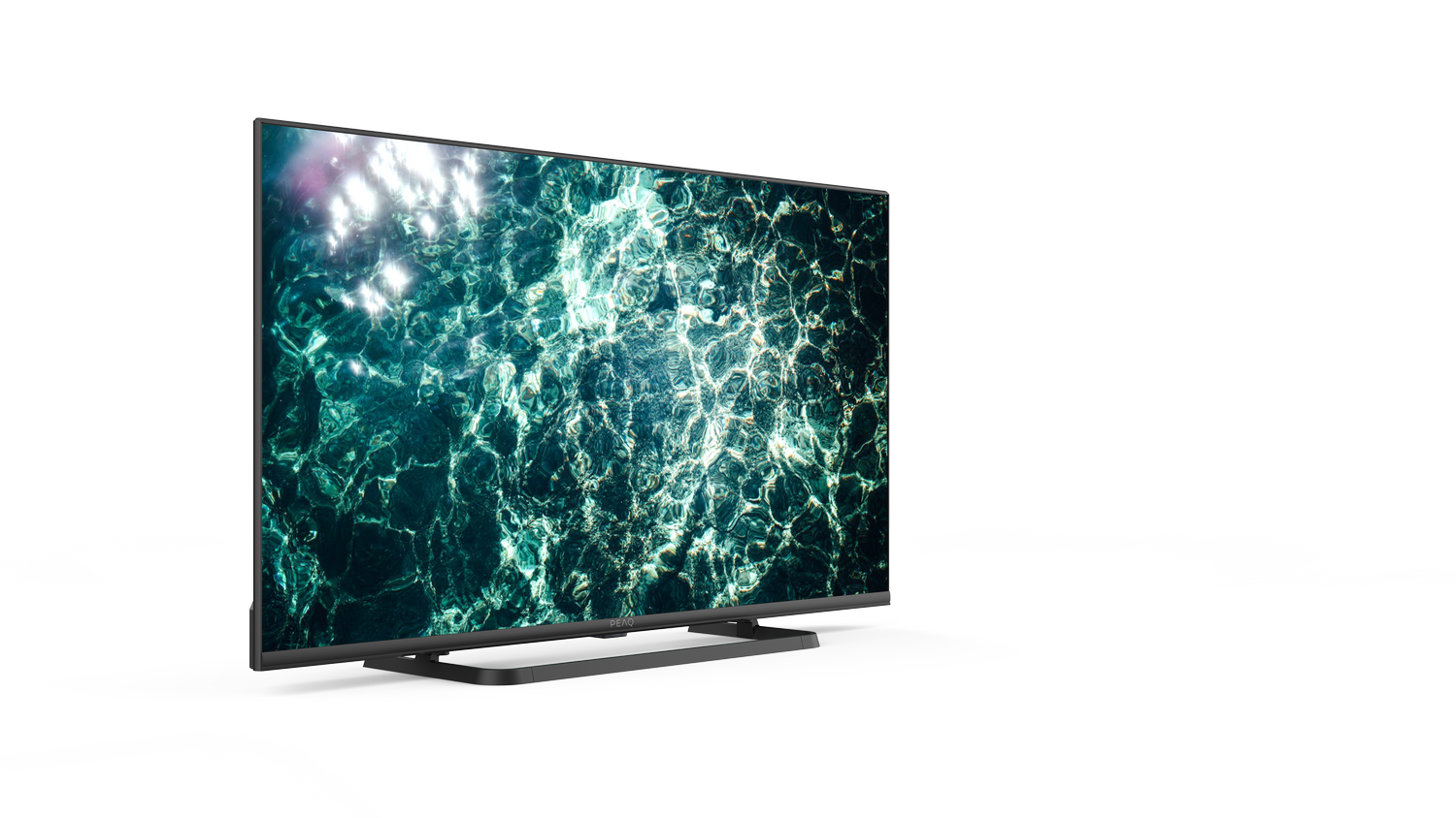 Un televisor de pantalla plana muestra agua. El televisor está sobre una superficie blanca.