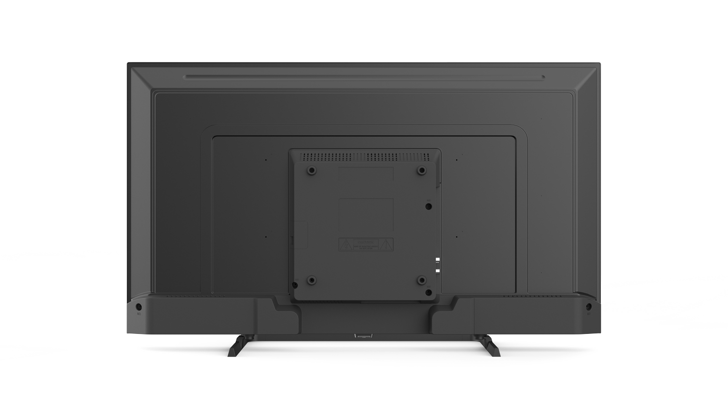 Vista trasera de un televisor negro sobre soporte con conexiones y un soporte de montaje.