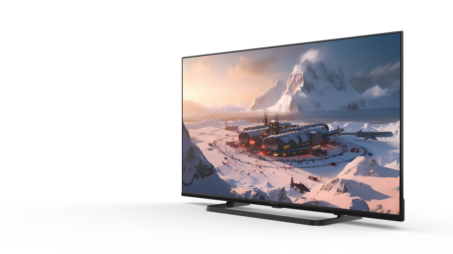 Pantalla de TV que muestra un paisaje nevado y un edificio moderno con marco negro.