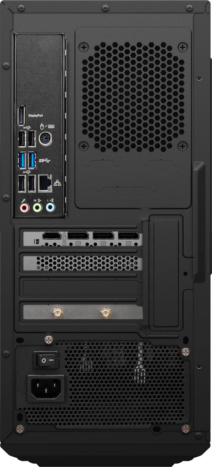 La parte trasera de una carcasa de computadora negra con varios puertos, ventilaciones y una entrada de fuente de alimentación.