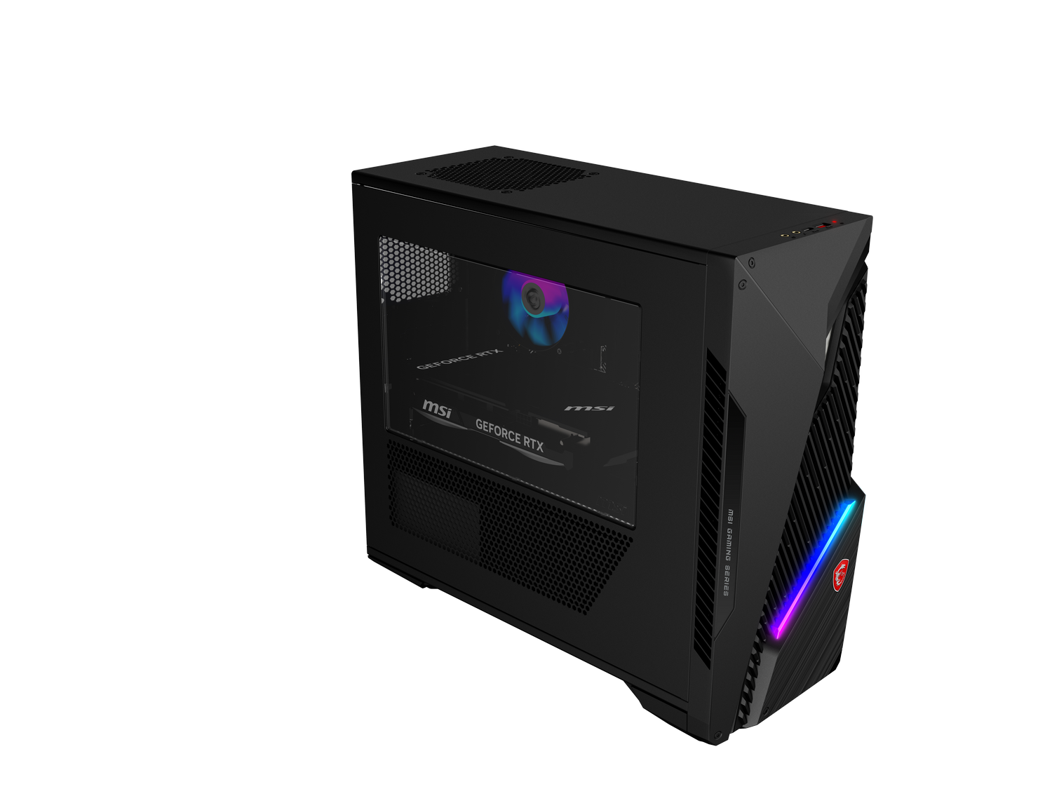 Carcasa de ordenador negra con panel lateral de vidrio, luces RGB.