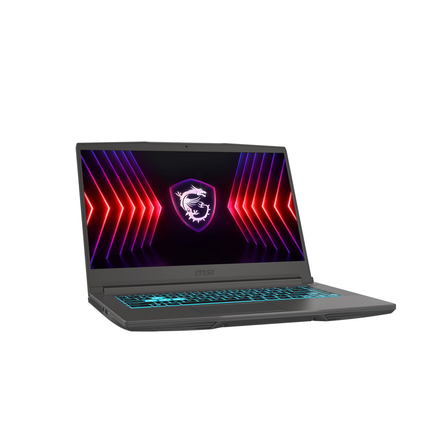 Laptop gaming con logo brillante en pantalla y fondo negro.