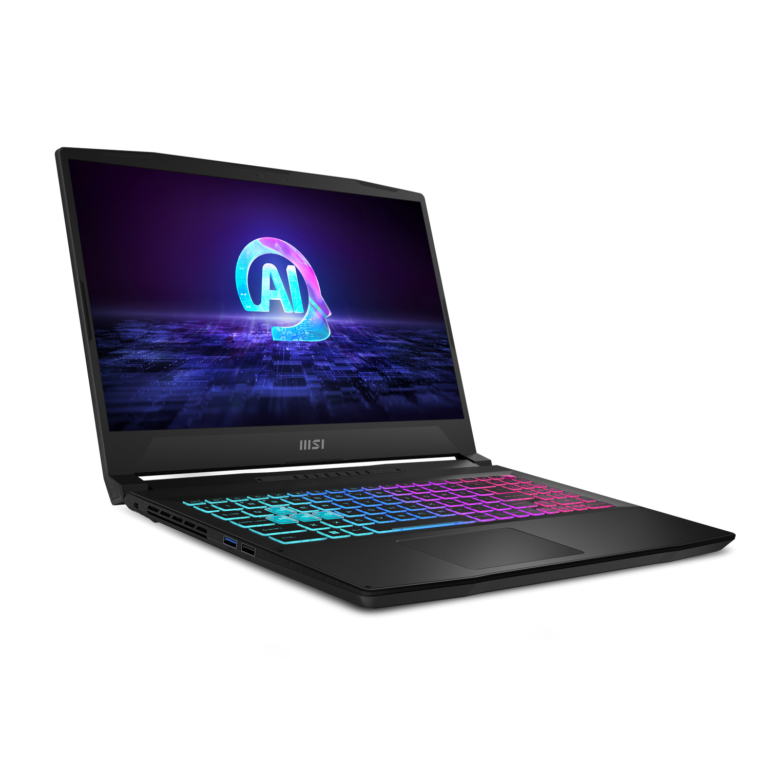 Portátil gaming MSI negro con teclado iluminado, mostrando un gráfico de IA.