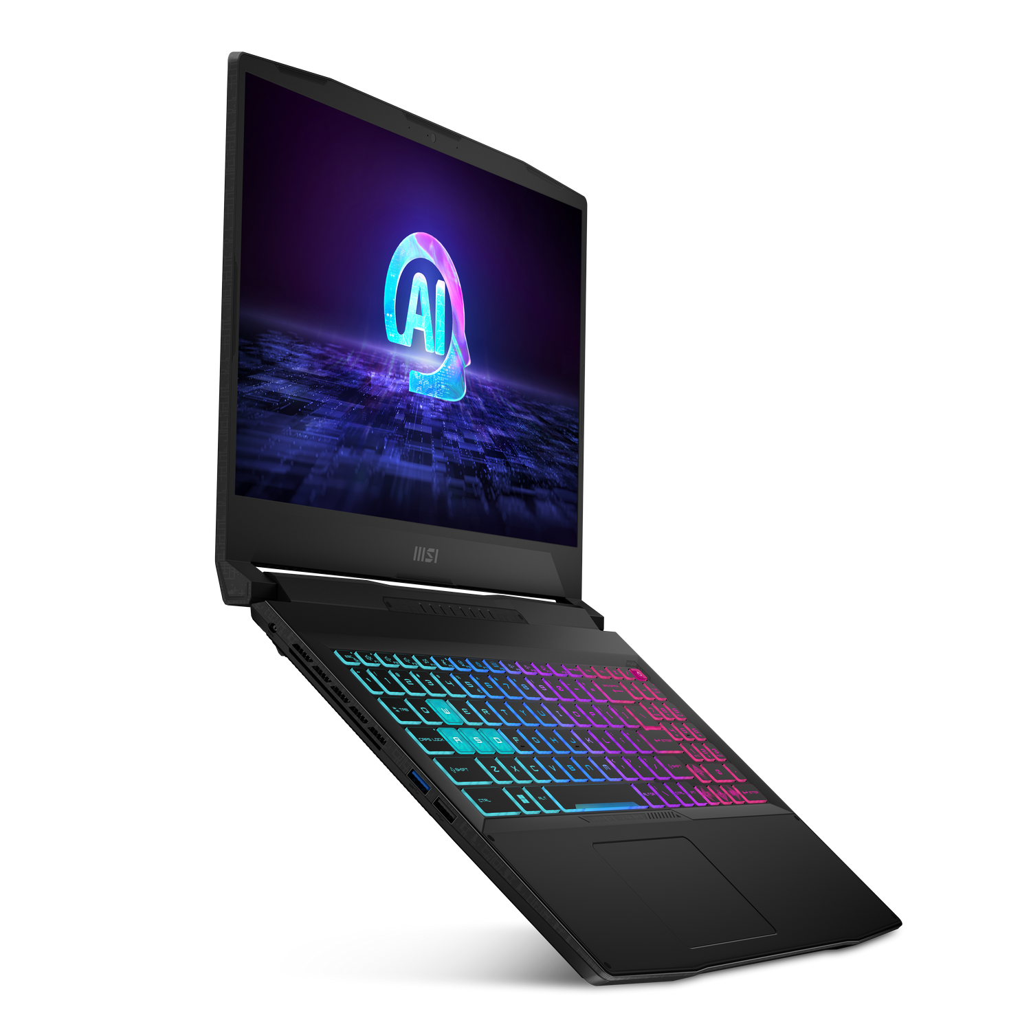 Laptop negro con teclado iluminado. La pantalla muestra un logo de IA.