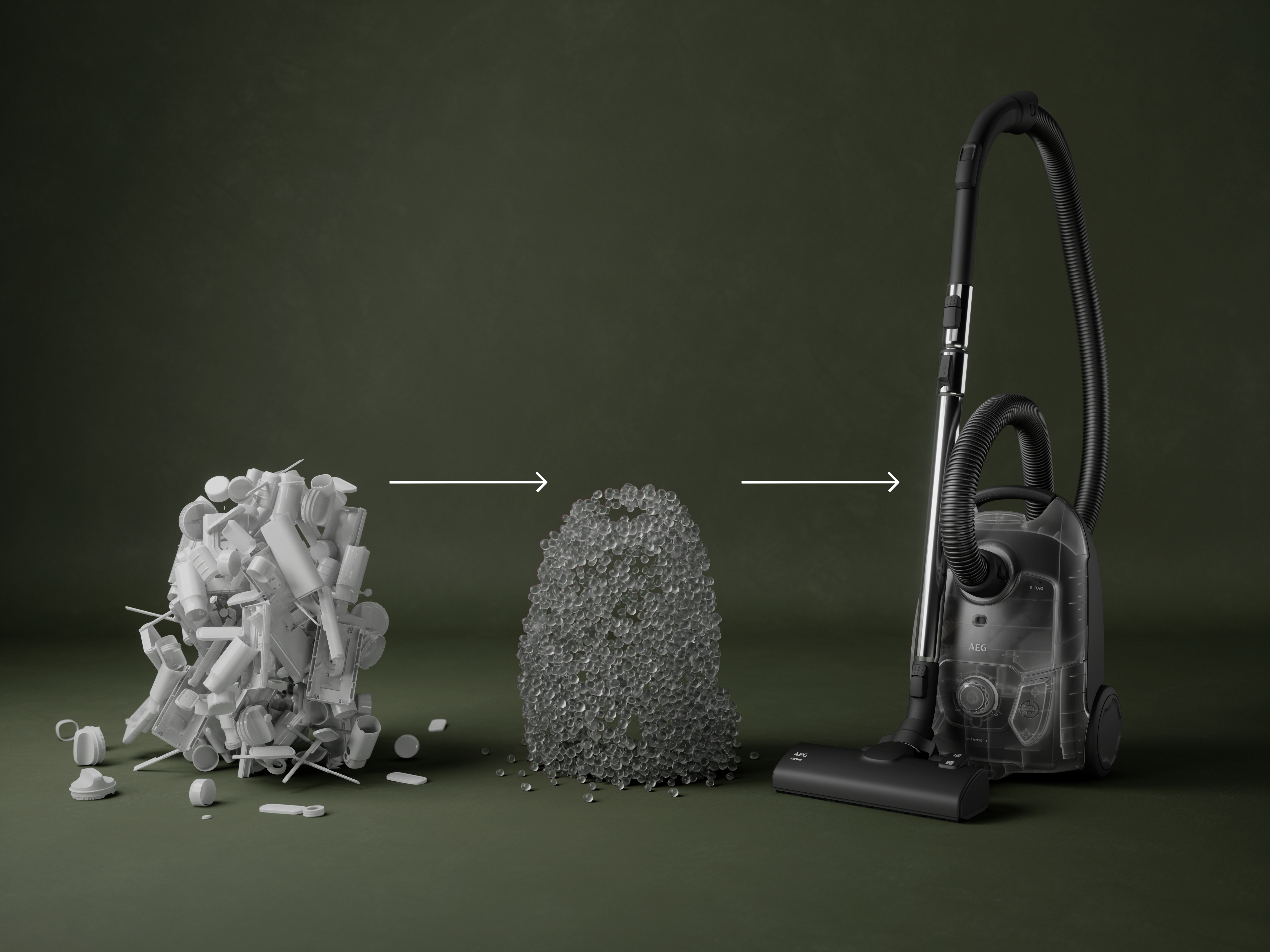 Ein Bild zeigt einen Staubsauger, der Plastikmüll aufsaugt, was die Abfallreduzierung symbolisiert.
