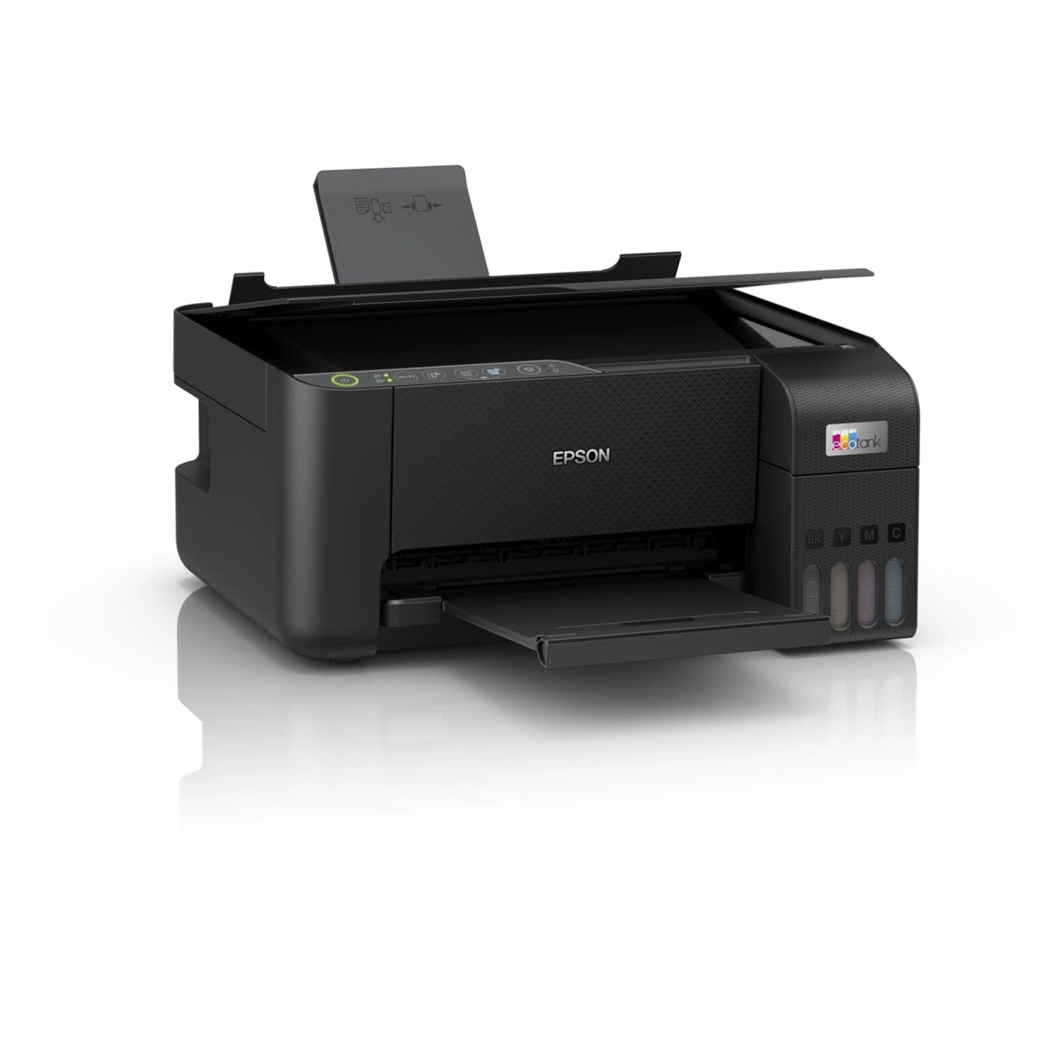 An Epson black printer with the paper tray open, on a white background.