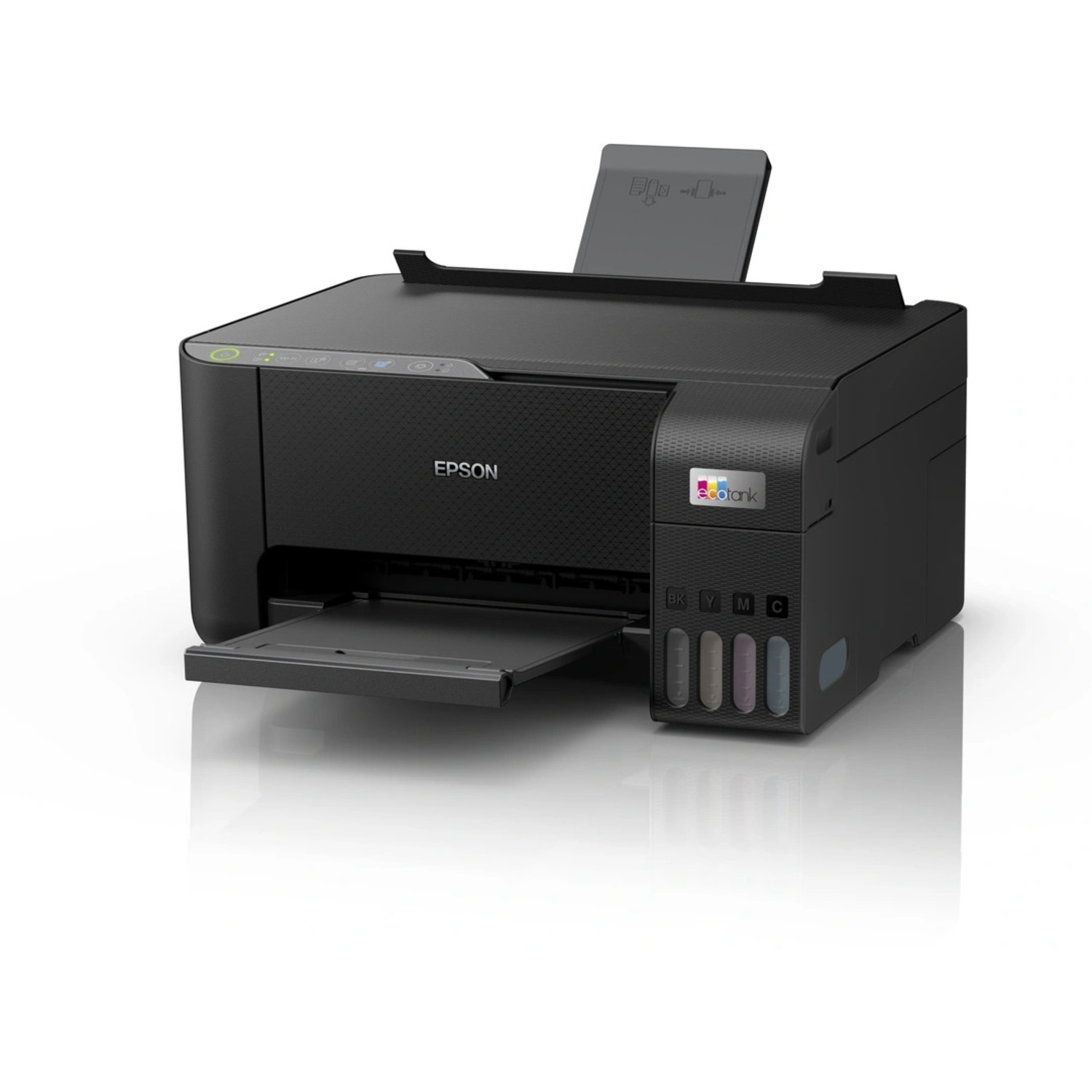 Black Epson printer on white. The printer has an open output tray, and the ink color indicators are visible on the side.