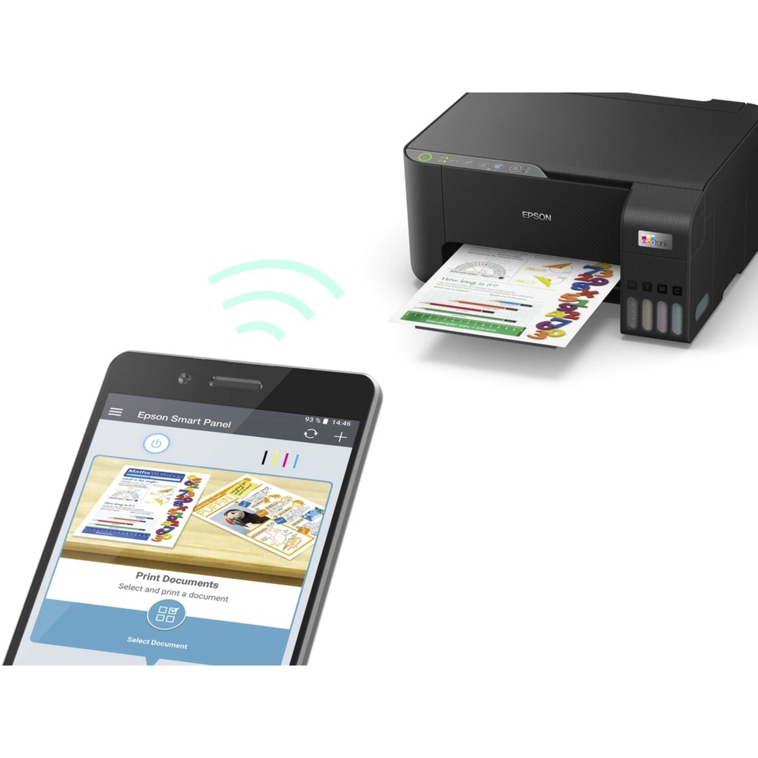 A black Epson printer printing a colorful document. A smartphone displays a document on the screen. Wifi logo above.
