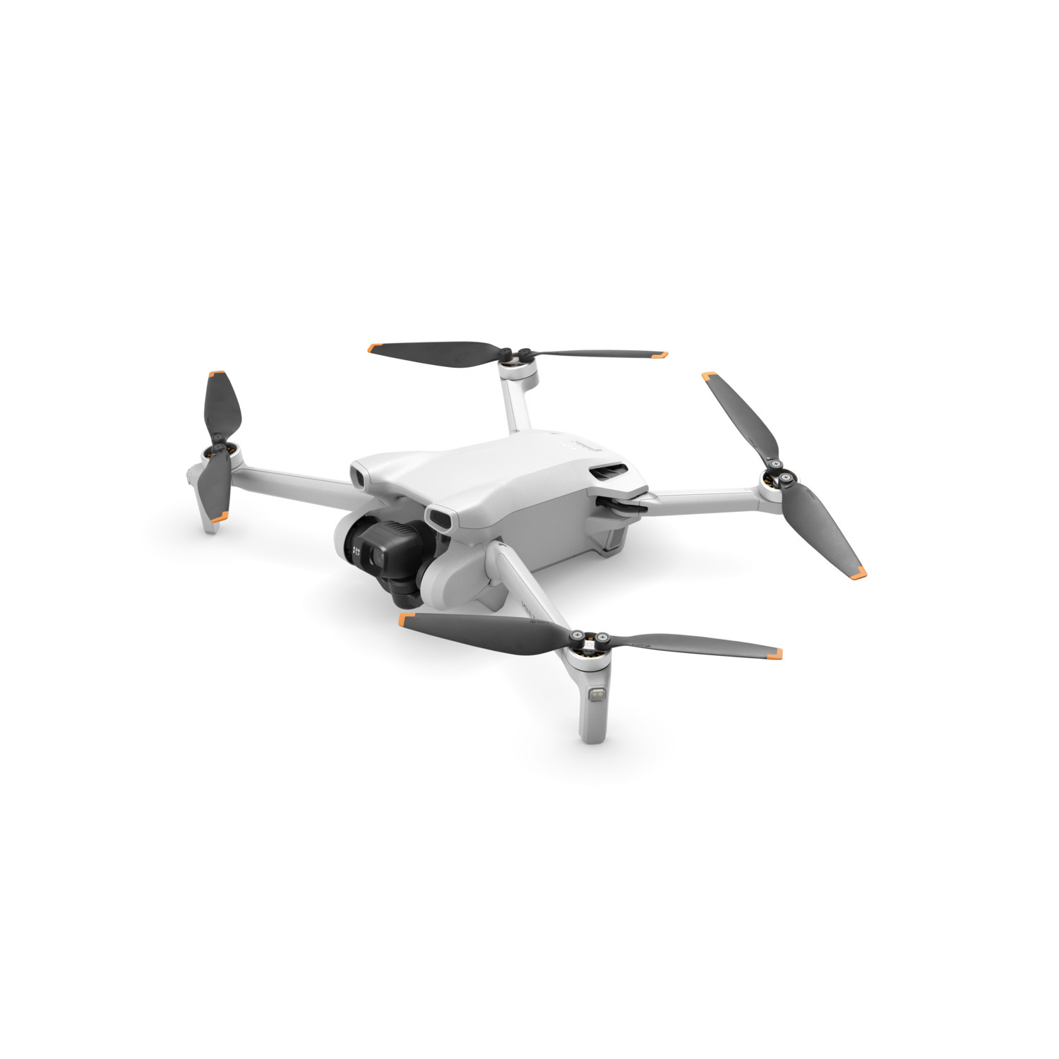 White drone with four propellers, angled slightly upwards.