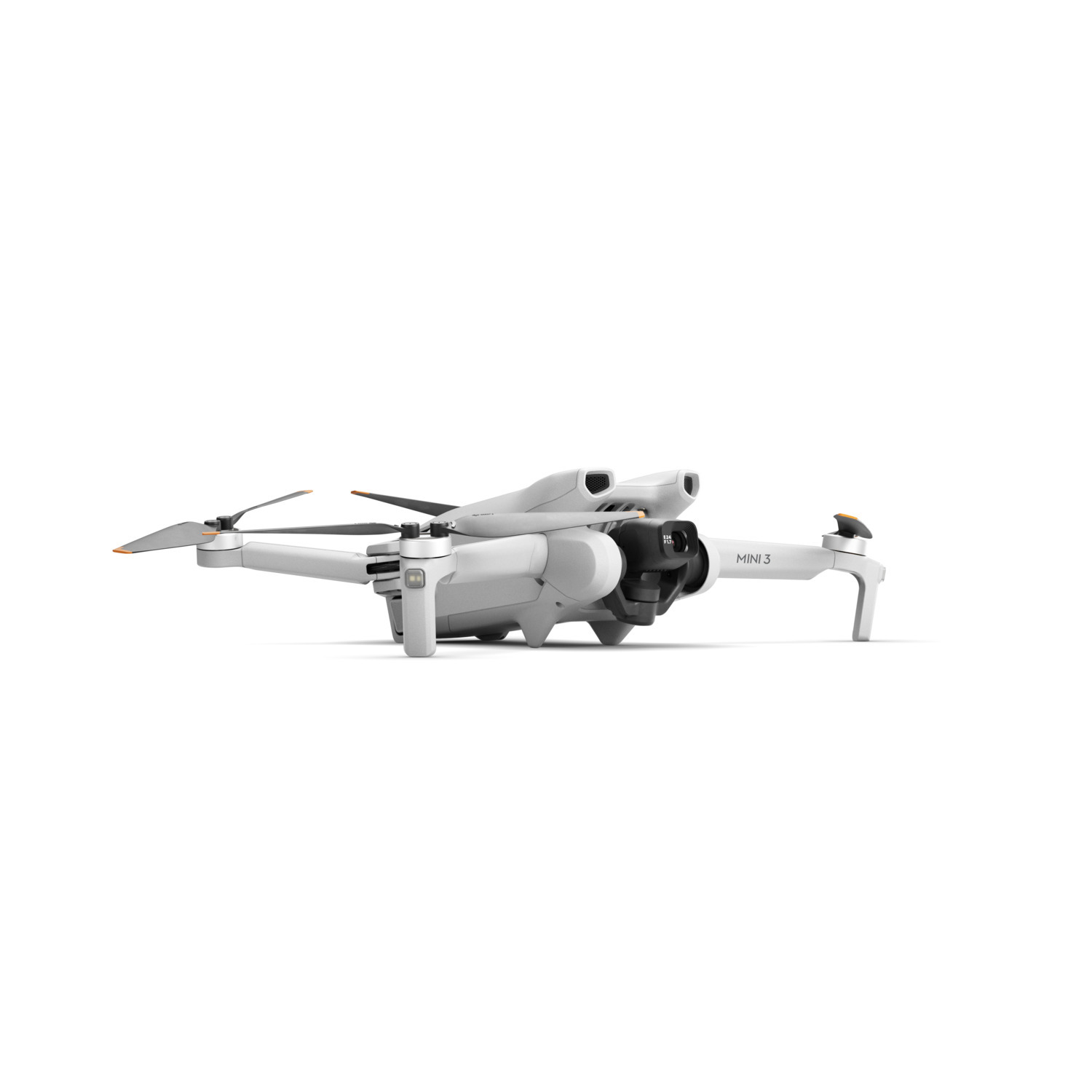 White drone with three blades. It is on a white background. Has a camera and landing gear.