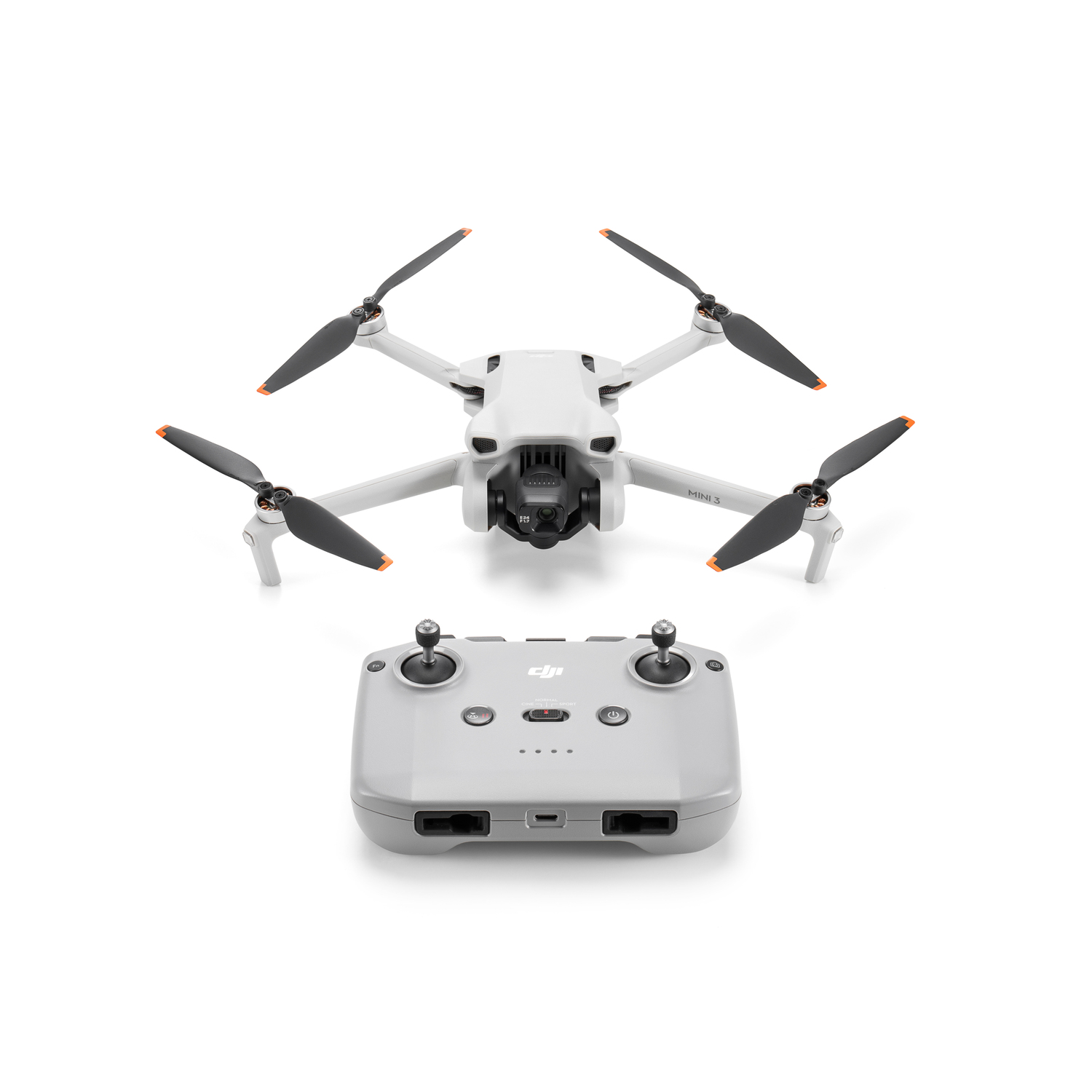 A white drone with four propellers and a remote control on a white background.