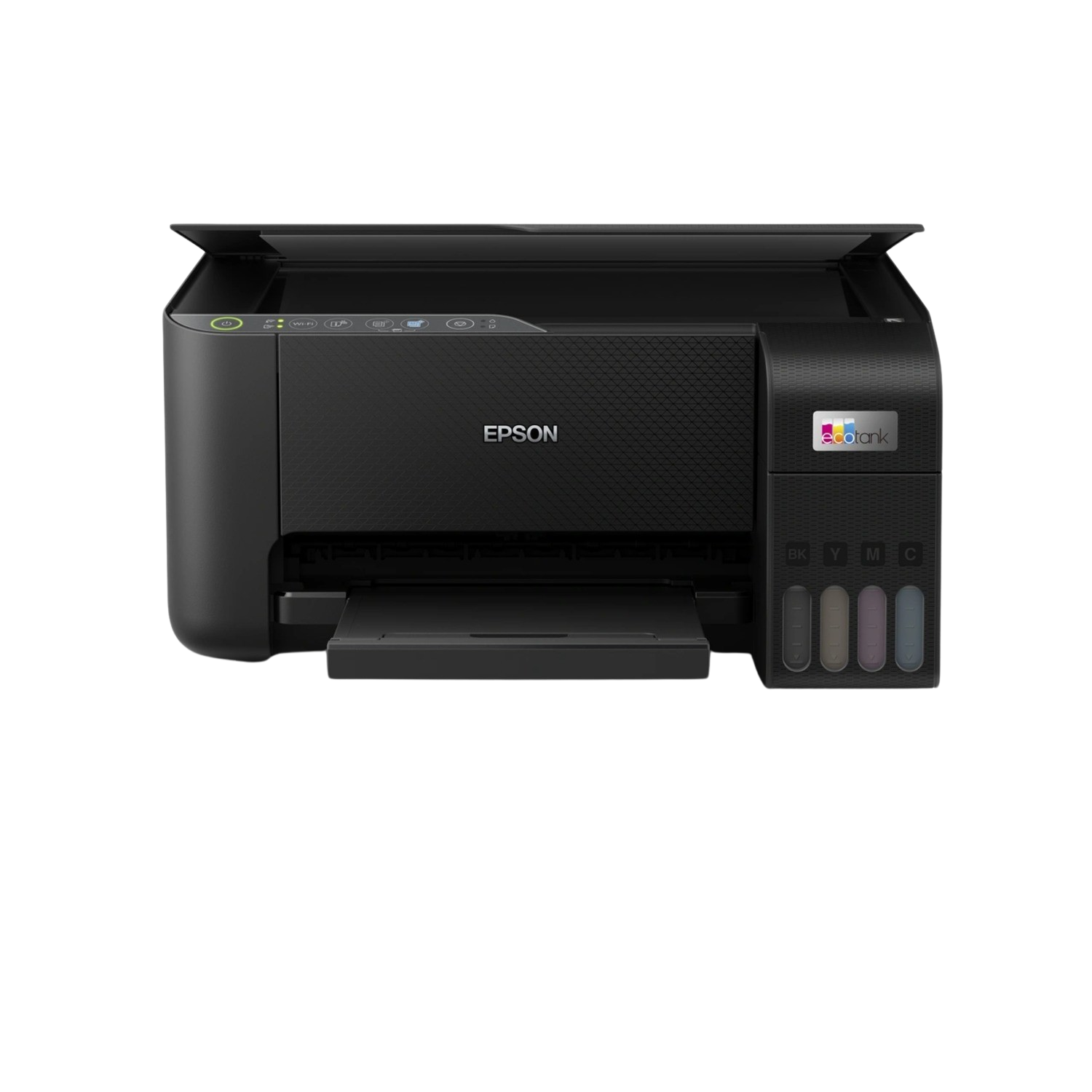 Black Epson printer with ink tanks on the right.  Epson logo is visible.  Black background.
