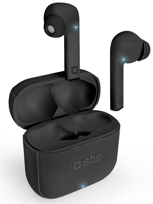 Czarne bezprzewodowe słuchawki w otwartym etui i jeden osobny, pokazujący logo marki 'sbs'.