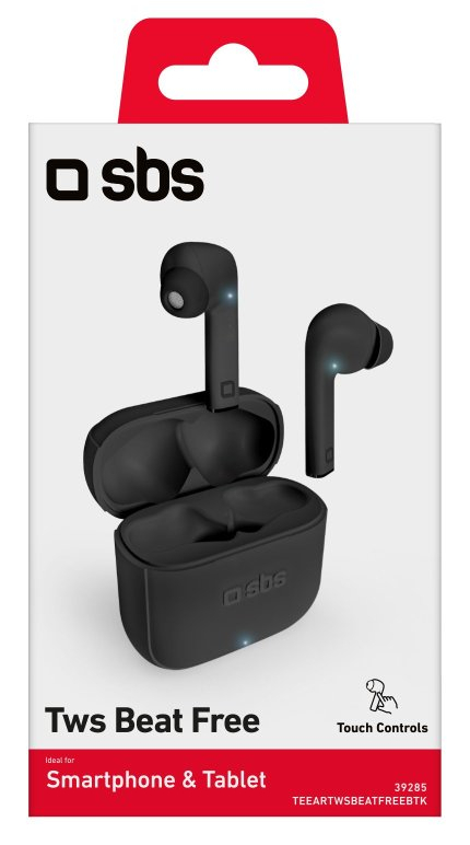 Czarne słuchawki w etui ładującym, z nazwą marki i tekstem na pudełku.