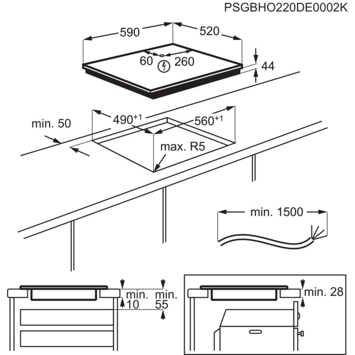 Fekete főzőlap méreteit ábrázoló diagram. Pultba van beépítve. A méretek milliméterben vannak megadva.