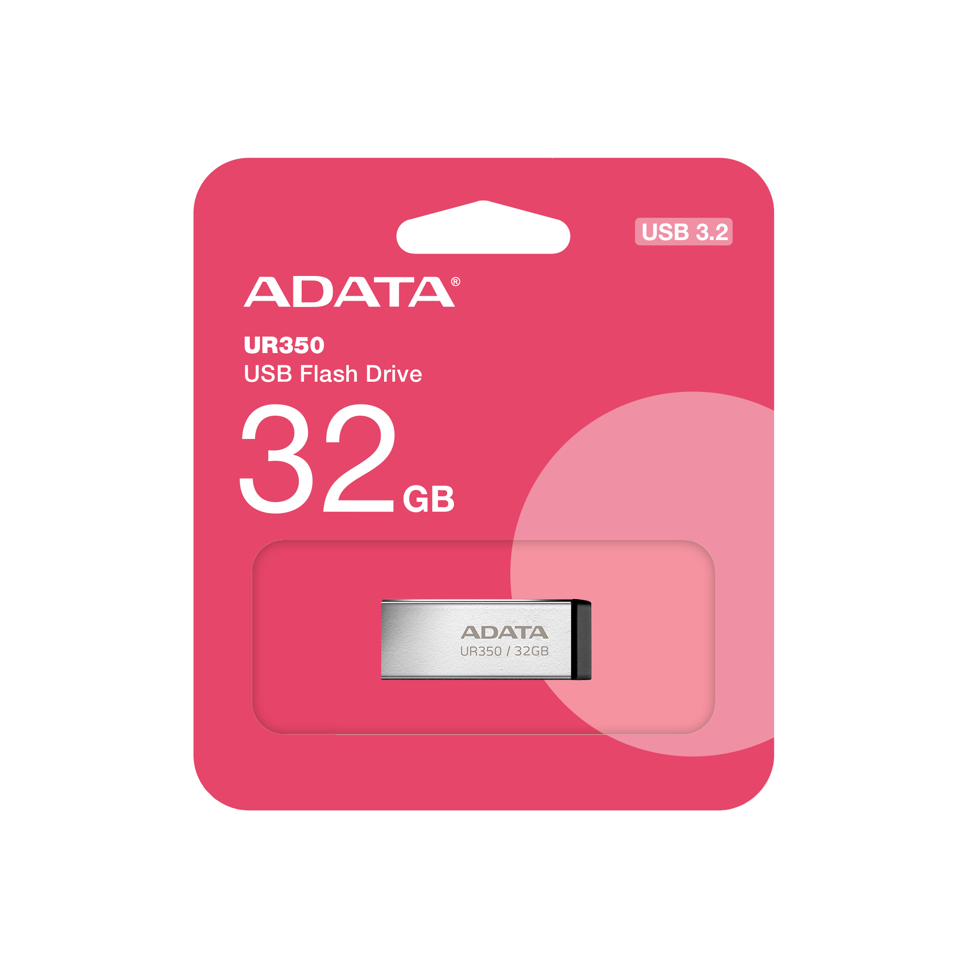 Rózsaszín USB flash meghajtó csomagolás ezüst meghajtóval és szöveggel.