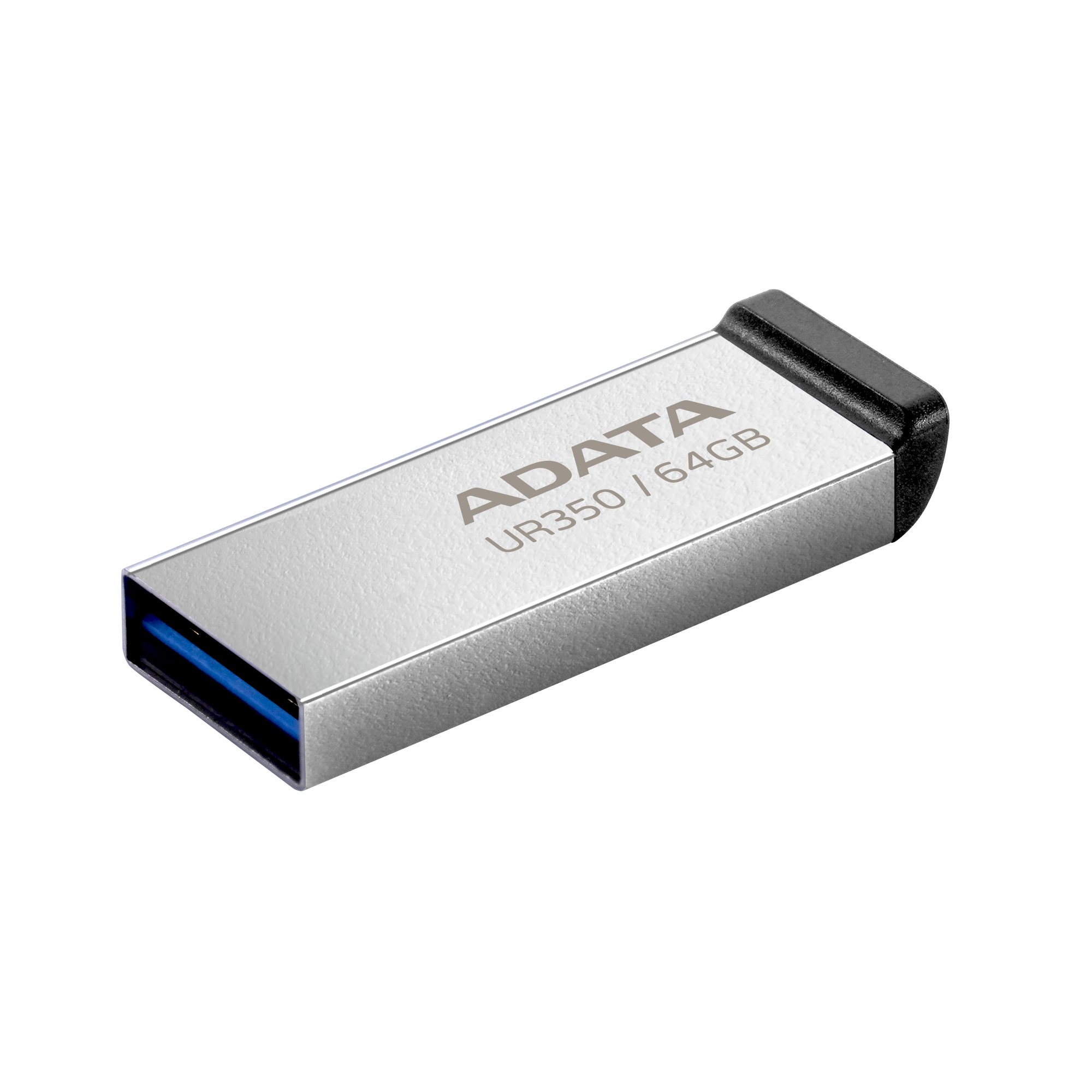 Ezüst és fekete USB flash meghajtó ADATA UR350 64GB logóval fekete háttéren.