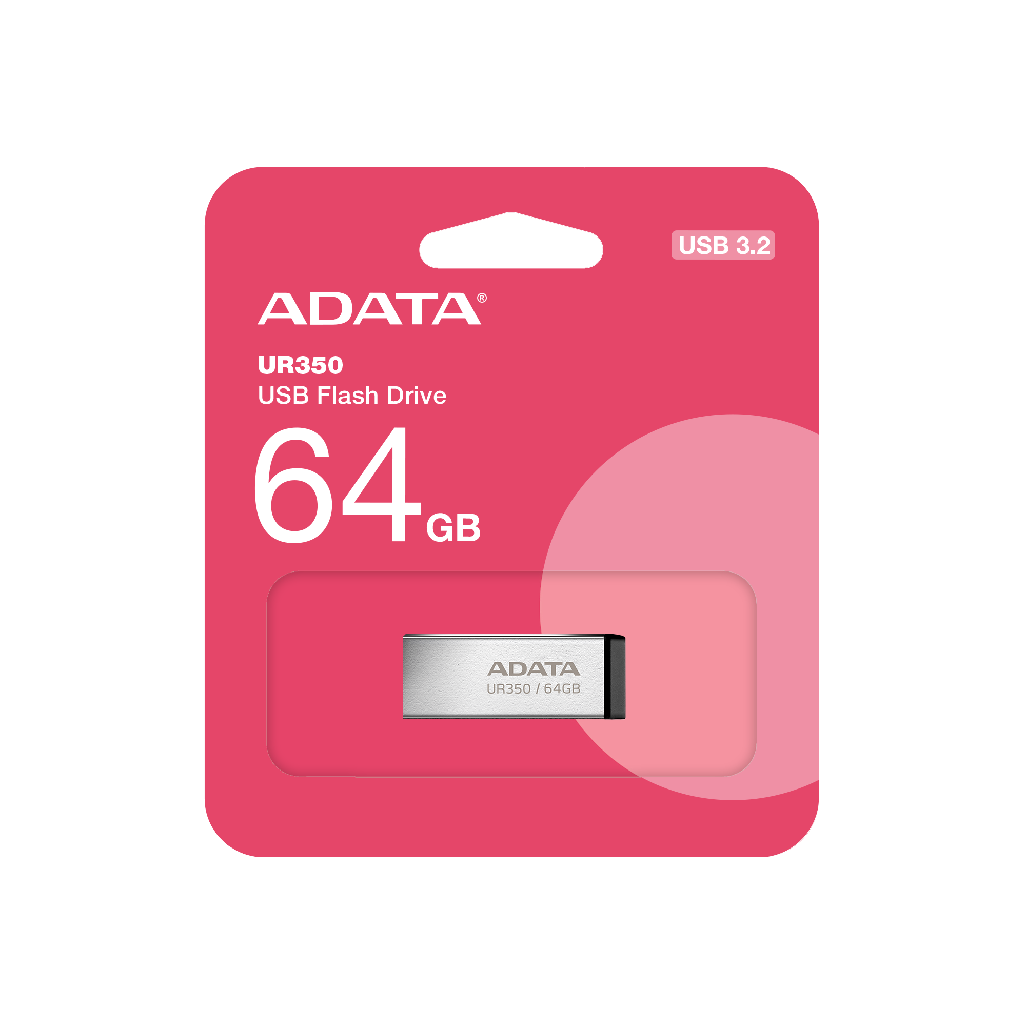 Rózsaszín és fehér csomag ezüst USB flash meghajtóval.