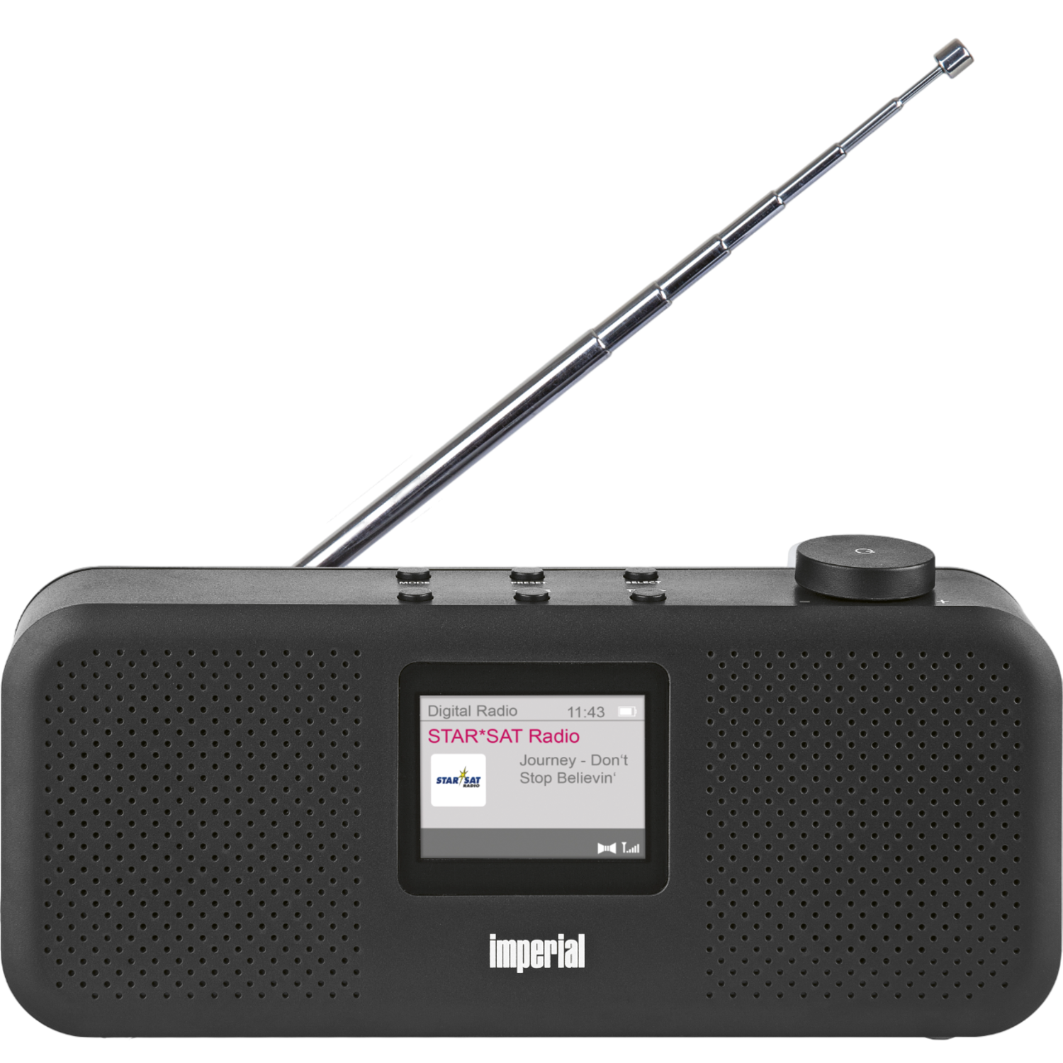 Zwarte radio met antenne, scherm toont albumhoes en songtitel.
