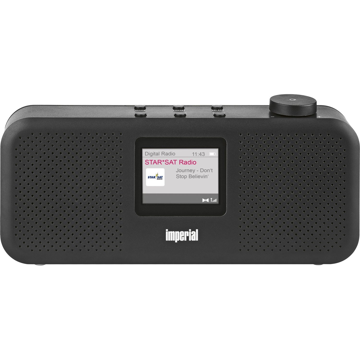Zwarte Imperial digitale radio met een scherm dat radiozender- en nummerinformatie weergeeft.