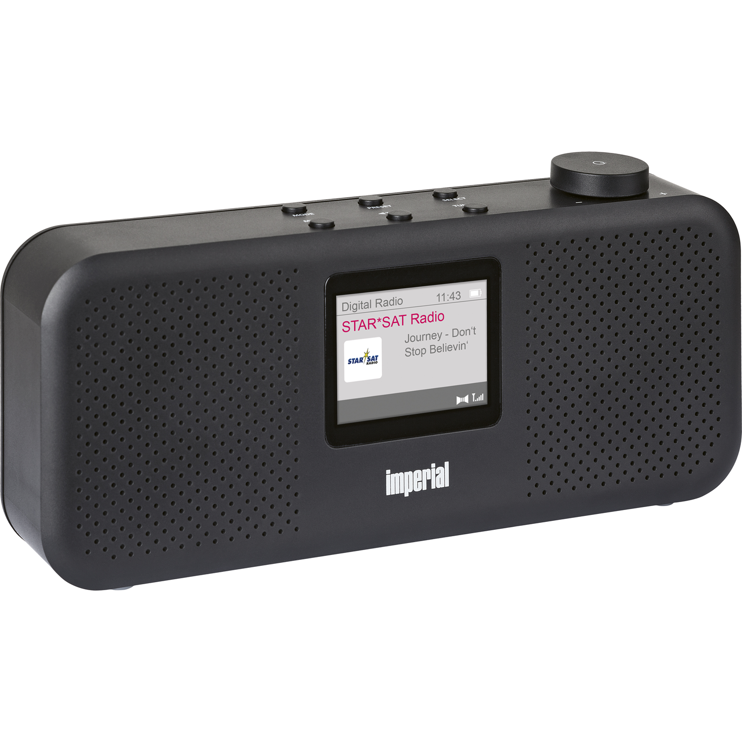 Een zwarte digitale radio met een scherm dat radio-informatie weergeeft. Het heeft knoppen en een knop.