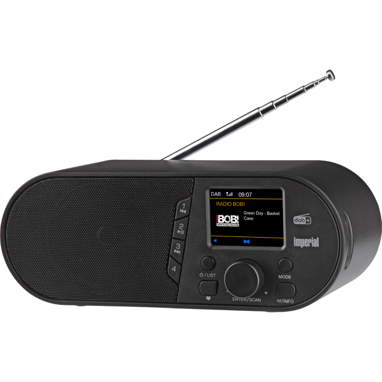 Zwarte digitale radio met antenne, scherm toont 'Radio Bob!' en muziekinformatie.
