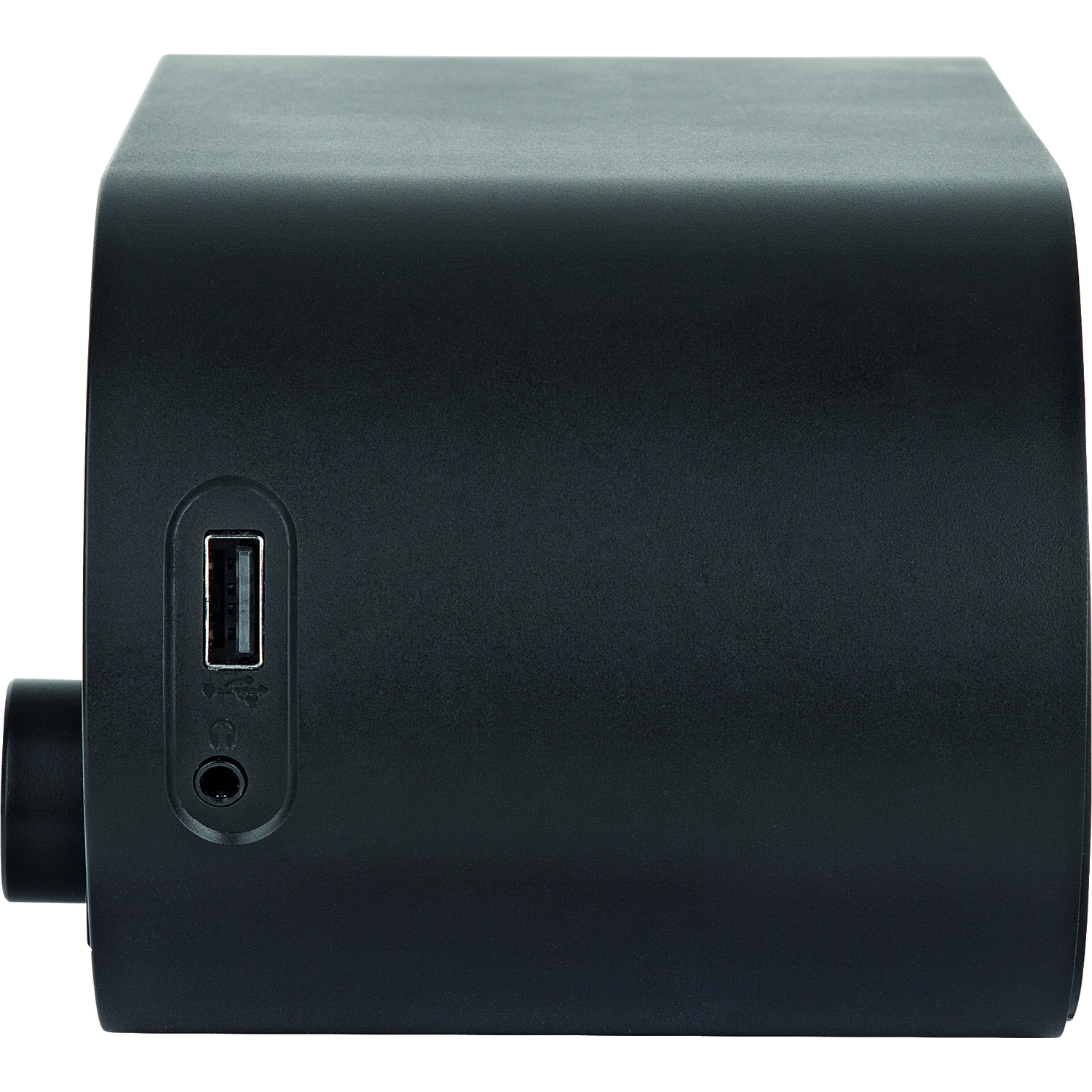 Zwarte luidspreker met een USB-poort en een koptelefoonaansluiting. Zijaanzicht, minimalistisch design.