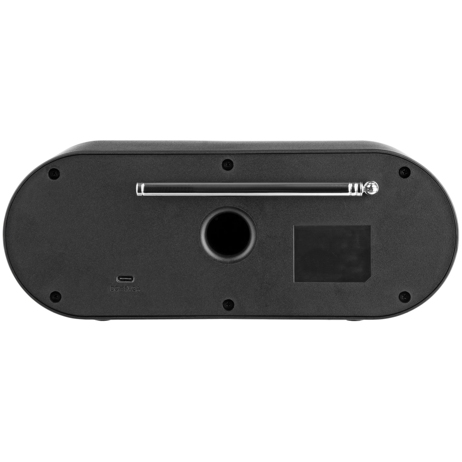 Zwarte ovale radio. Het heeft een luidspreker en een antenne. De achterkant heeft ook een USB-poort.
