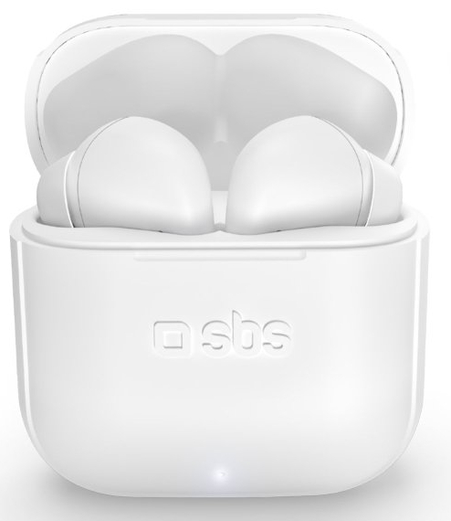 Białe słuchawki douszne wewnątrz etui ładującego. Etui i słuchawki są białe. Widoczna nazwa marki.