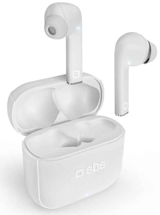 Białe bezprzewodowe słuchawki douszne i ich białe etui ładujące są wyświetlane. Etui jest otwarte, ukazując słuchawki.