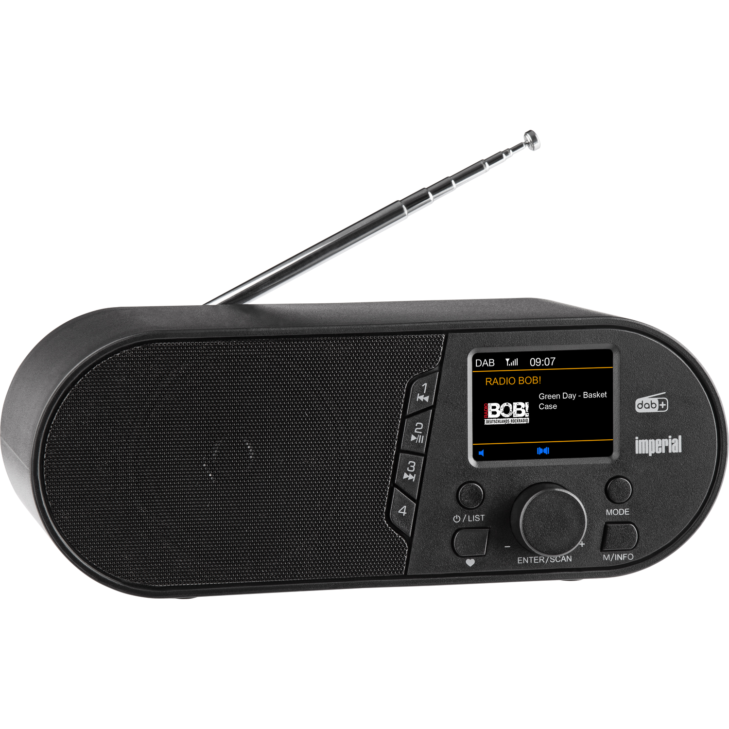 Zwarte radio met scherm, antenne omhoog en bedieningsknoppen.