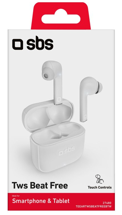 Białe słuchawki TWS Beat Free na białym pudełku, z czerwonymi akcentami. Pudełko zawiera markę SBS i hasło 'Smartphone & Tablet'.