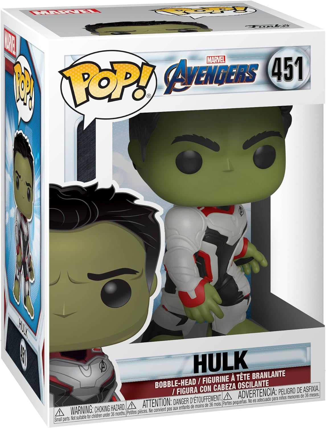 Figura Hulk Pop en caja. La figura es verde y lleva un traje blanco y rojo. La caja muestra la figura.