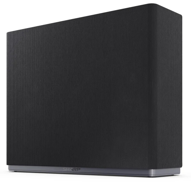 Czarny głośnik z materiałowym przodem, umieszczony na szarej podstawie.