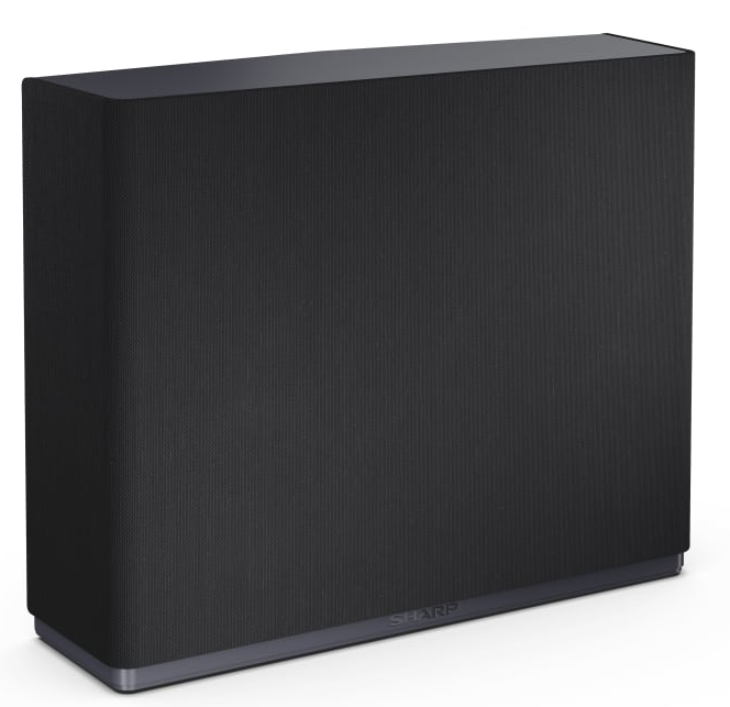 Czarny głośnik. Kształt prostokątny. Logo Sharp na dole. Białe tło.