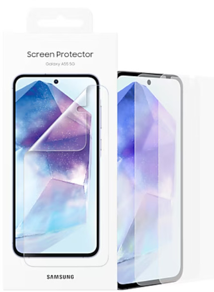 Telefon w pudełku z osłoną ekranu. Telefon jest po prawej stronie.